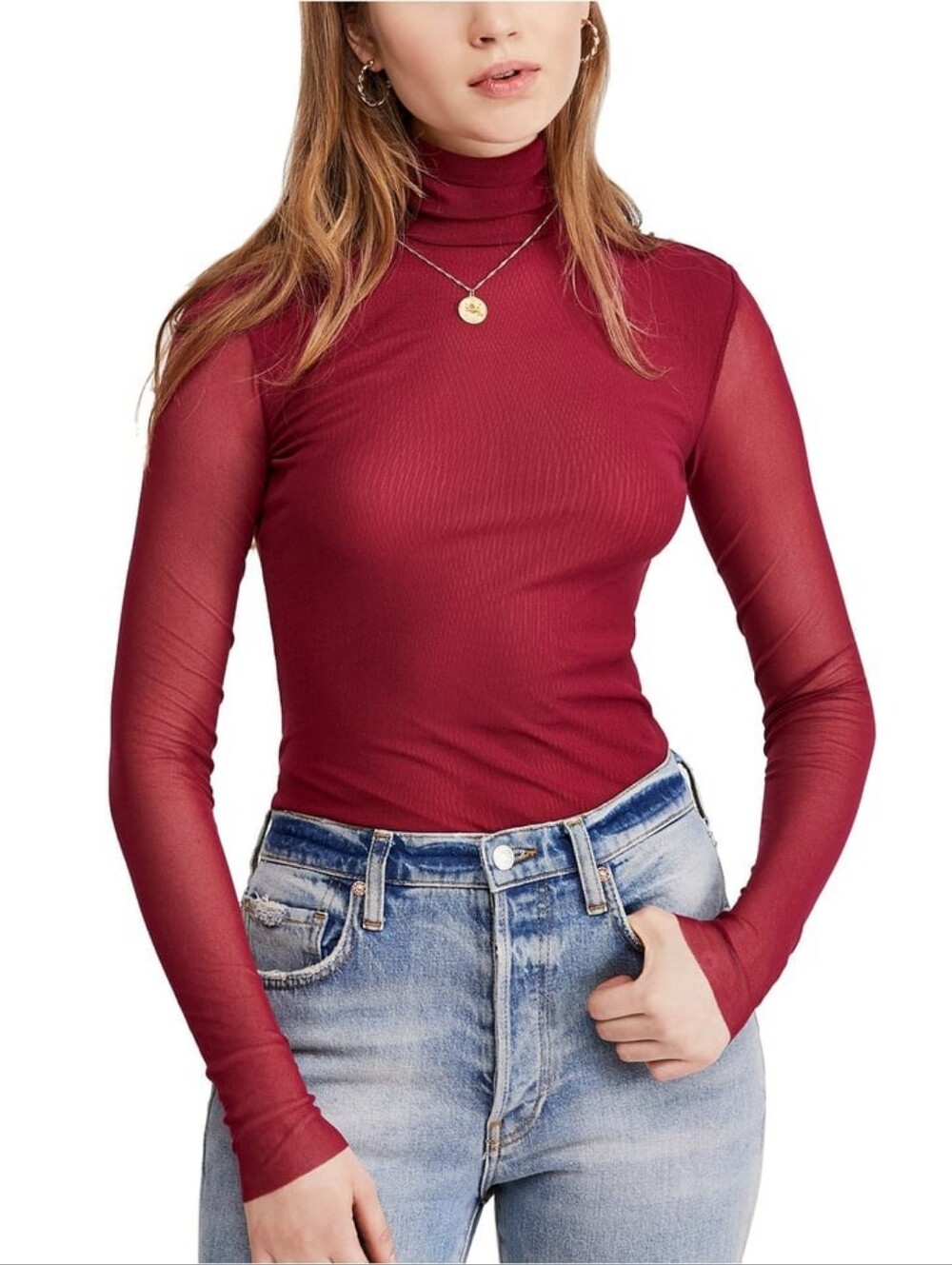 Free People Burgundy Mesh Long-Sleeve Turtleneck Top